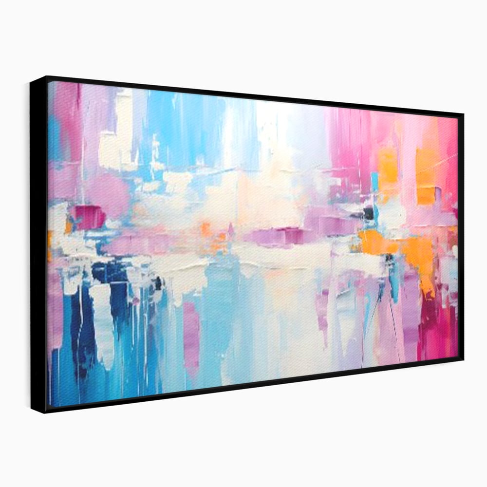 Tablou canvas cu pictura abstracta orizontala in nuante vibrante, in rama de aluminiu negru